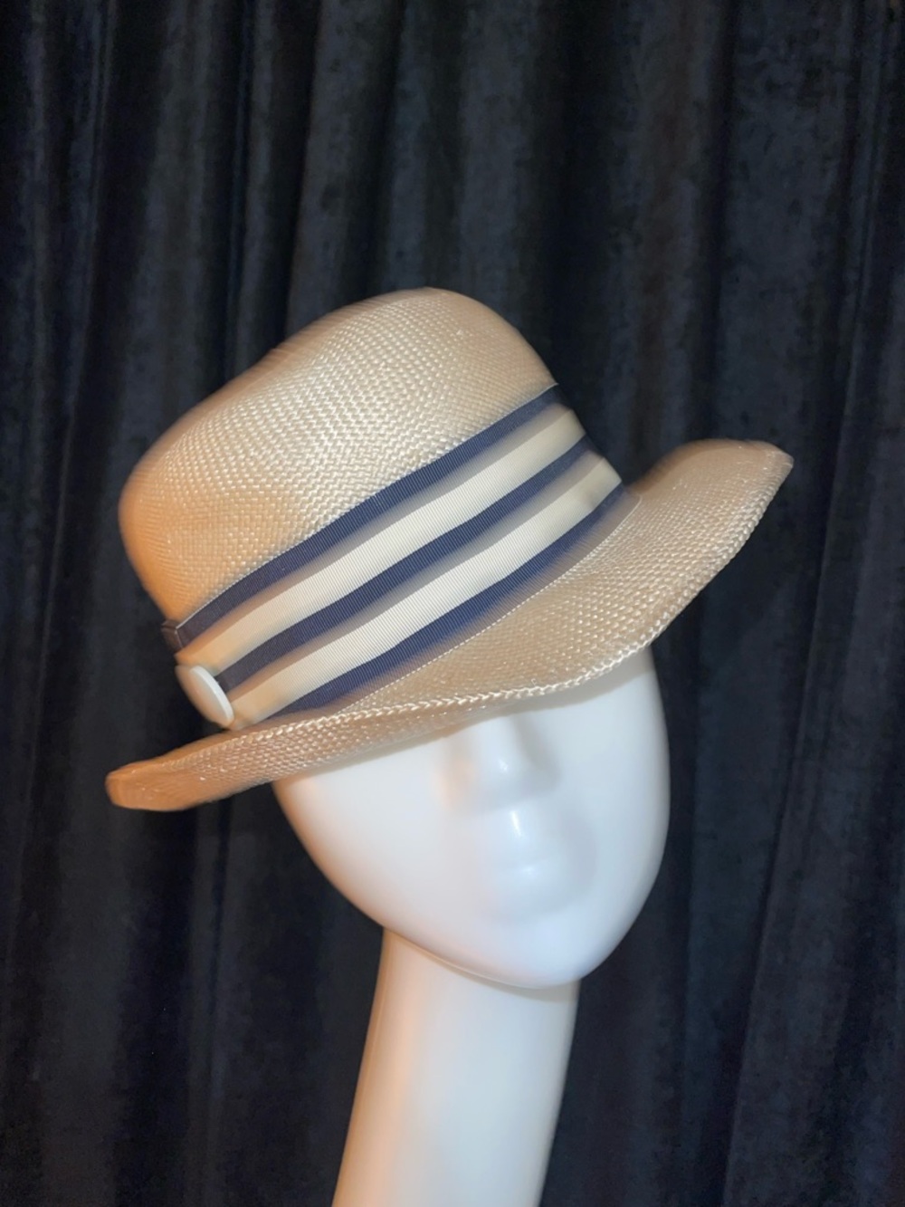 Beige Straw Structured Fedora with Navy and White Striped Band